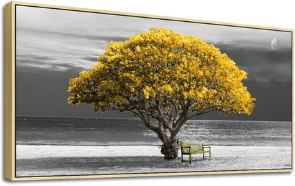 Framed Canvas Wall Art For Living Room & Bedroom - Large Size Black And White Scenery - Boho Home Decor - Yellow Trees - Natural Wood Frames