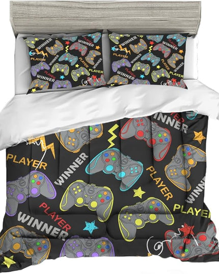 Sunnycitron Gamer Comforter Set for Boys Gaming Comforters Full Size Gaming Bedding with Comforter Kids Bed Set Boys Game Home Decor (1 Comforter + 2 Pillowcases)