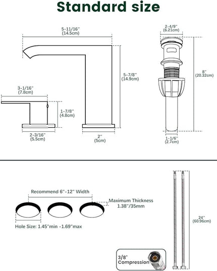 DAYONE Matte Black 3 Holes Bathroom Sink Faucet Widespread, 2 Handles Lavatory Vanity Faucet with Pop Up Drain & Supplies Lines