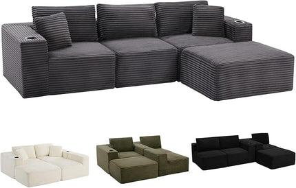 110" Boneless Couch in A Box, Convertible L Shaped Modular Sectional Sofa Set with Deep Seat, Corduroy Cloud Couch Sectional Couches for Living Room, No Assembly Required(3 Seat+ 1 Ottoman,Gray)