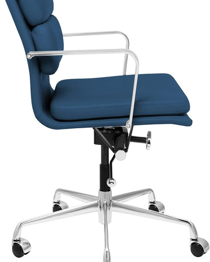 Laura Davidson Furniture SOHO II Padded Management Office Chair - Mid Back Desk Chair with Arm Rest, Swivel & Cushion Availability, Made of Faux Leather, Blue, Computer Chair