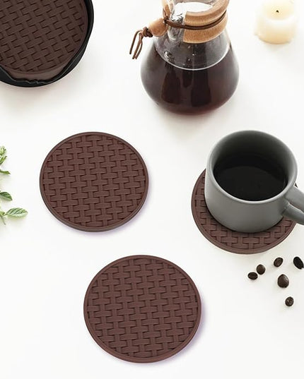 Brown Round Silicone Coasters with Holder, Heat Resistant & Waterproof Cup Mats, 4 Inches Non-Slip Decorative Coster Set 6 Packs for Home, Office, Kitchen, Coffee Bar Table