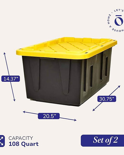 HOMZ 2-Pack Durabilt, Heavy Duty Plastic Storage Bins with Lids, 27 Gallon, Black/Yellow - Stackable Container Boxes for Home, Attic, and Garage Organization