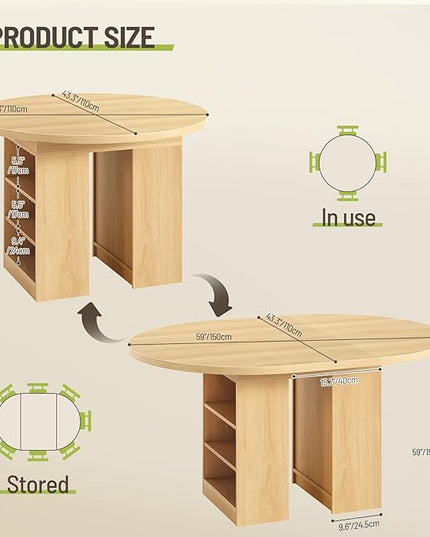59'' Extendable Dining Table for 4-8, Round Kitchen Room Table with 3-Tier Storage Racks, Adjustable Shelves, Wooden Pedestal Base, for Kitchen, Dinner, Living Room, Office, Natural