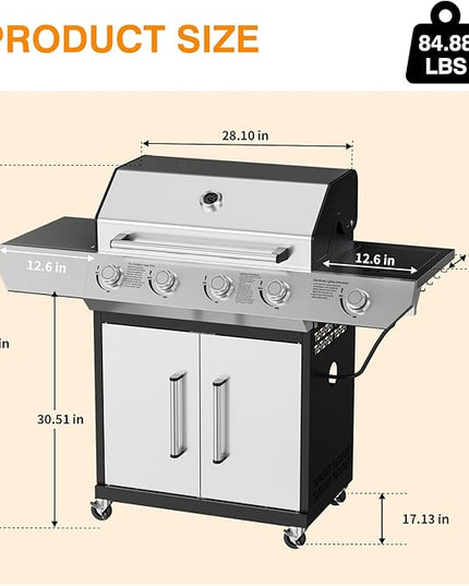 4-Burner Propane Gas Grill with Side Burner Led Knob, 60,000 BTU Stainless Steel Outdoor BBQ Grill with Porcelain-Enameled Cast Iron Grates for Outdoor Cooking