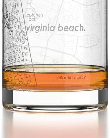 Well Told Engraved Virginia Beach Virginia Map Rocks Glass, Old Fashioned Glassware (11 oz, Clear) Etched Bourbon Tumbler, Gifts For Whiskey Lovers