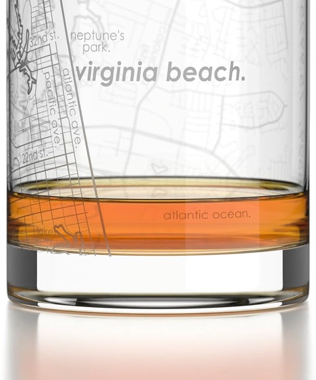 Well Told Engraved Virginia Beach Virginia Map Rocks Glass, Old Fashioned Glassware (11 oz, Clear) Etched Bourbon Tumbler, Gifts For Whiskey Lovers