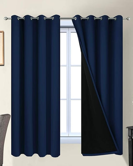 Yakamok Total Blackout Curtains, 2 Thick Layers Completely Blackout Thermal Insulated Drapes with Black Liner for Bedroom(52Wx63L, Navy Blue, 2 Panels)