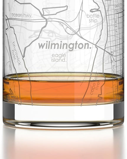 Well Told Engraved Wilmington North Carolina Map Rocks Glass, Old Fashioned Glassware (11 oz, Clear) Etched Bourbon Tumbler, Gifts For Whiskey Lovers