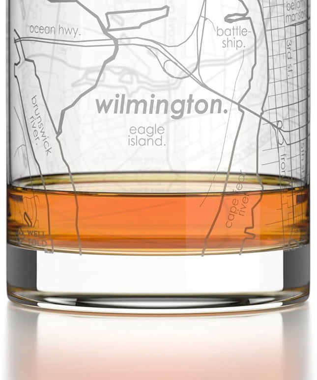 Well Told Engraved Wilmington North Carolina Map Rocks Glass, Old Fashioned Glassware (11 oz, Clear) Etched Bourbon Tumbler, Gifts For Whiskey Lovers