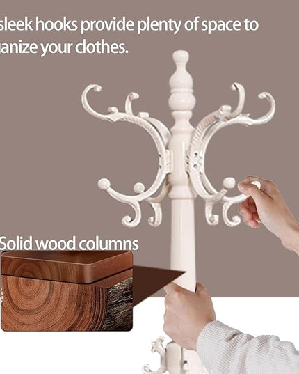 Wooden Coat Racks, Retro 78" Coat Tree with 12 Hooks & Stable Triangular Base, Entryway Coat Rack Freestanding for Hat, Clothes, Scarves, Handbags, Umbrella (Ivory)
