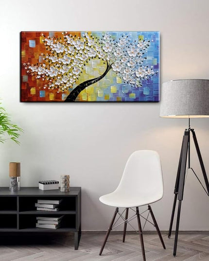 YaSheng Art -Handmade Colorful 3D Flowers Art Oil Painting On Canvas Texture Palette Knife Tree Paintings Modern Abstract Canvas Wall Art Home Interior living room Bedroom Decor Art 24x48inch