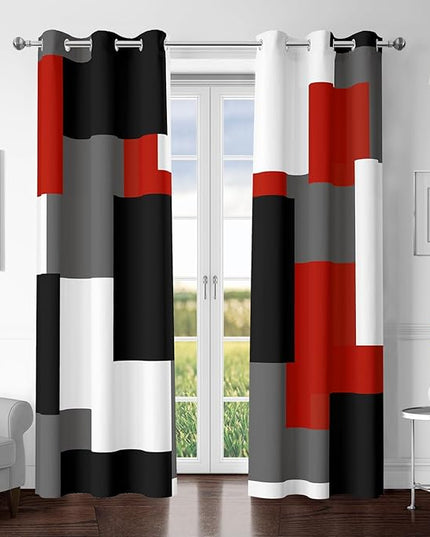 Red Black 100% Blackout Curtains for Bedroom 96 inch Length 2 Panels Set White Grey Modern Abstract Geometric Black Out Curtains Insulated Room Darkening Window Drapes for Living Room, 42Wx96L