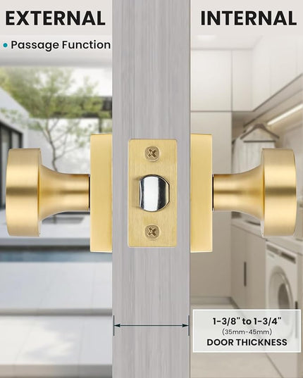 Gold Door Knobs Interior, Heavy Duty Passage Door Knob, Brushed Gold Closet Door Knob for Hall, Zinc Alloy Square DoorKnob (1 Pack)