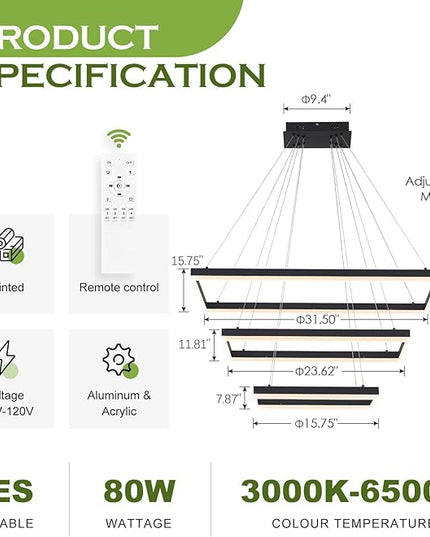 3 Rings Modern LED Chandelier Black 31.5inch Rectangle Dimmable LED Pendant Light with Remote Control 3 Tier Flush Mount High Ceiling Light for Dining Living Room Foyer(3000K-6500K, H71)
