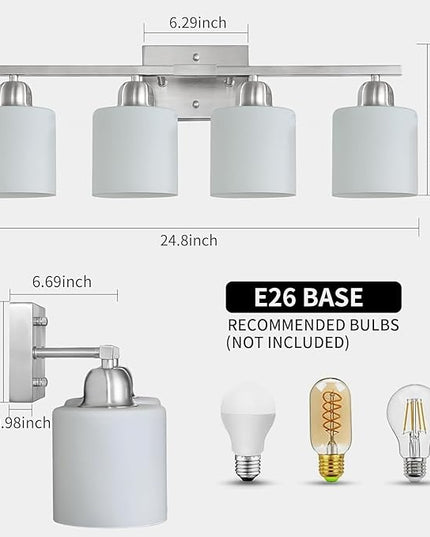 4 Light Bathroom Light Fixtures, Brushed Nickel Vanity Lights for Bathroom with Milky White Frosted Glass Shade, Wall Lights for Mirror Bedroom Living Room E26 Base