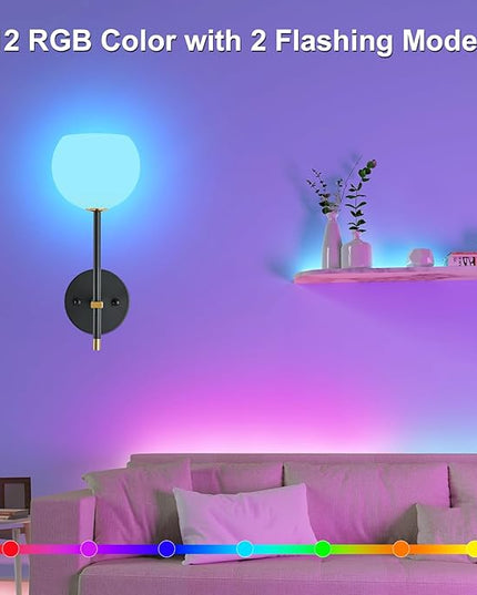 Black Gold Battery Operated Wall Sconces Set of 2, Rechargeable Wireless Wall Lights with Milky White Frosted Glass, 12 RGB and 3CCT Dimmable, Wall Lamps with Remote for Bedroom Living Room Hallway
