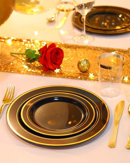bUCLA 100 Pieces Black and Gold Plastic Dessert Plates - 7.5inch Disposable Salad/Appetizer Plates - Ideal for Party, Graduation & New Year