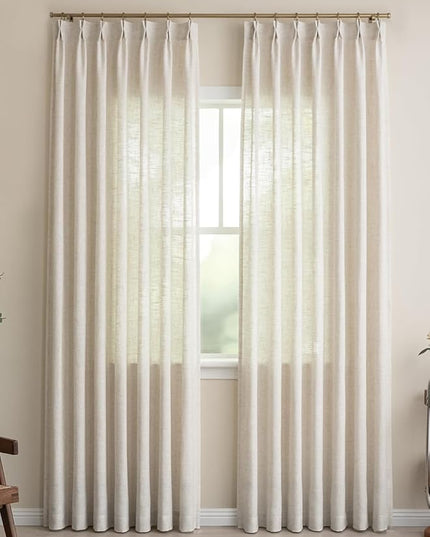 Pinch Pleated Linen Curtains 95 Inches Long - Light Filtering Curtains for Living Room, Semi Sheer Window Curtains for Bedroom, Luxury Pinch Pleated Drapes with Hooks and Rings, Natural, 2 Panels Set