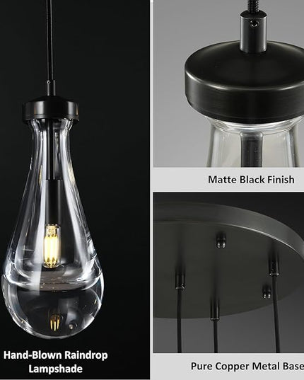 Bronze 5 Light Raindrop Chandeliers, Black Cluster Pendant Light Teardrop Dining Room Light Fixture Pendant Lights Kitchen Island, Hanging Ceiling Pendant Lighting for Entryway Living Room