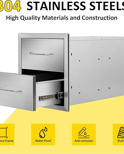 Outdoor Kitchen Drawers 14" W x 15" H x 23" D Flush Mount Double BBQ Drawers with Chrome Handle Stainless Steel Drawer for Outdoor Kitchen Island, Patio Grill Station