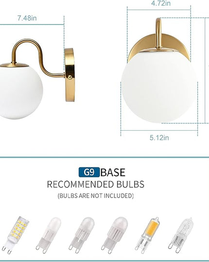 Modern Bedroom Wall Sconce Brushed Brass Indoor Wall Light Fixture Milk White Globe Glass Wall Lamp for Bathroom Kitchen Living Room Vanity Hallway (Exclude Bulb)