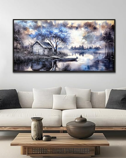 ERQINHUA Large Wall Art For Living Room Canvas Home Wall Decor For Office Bedroom Dining Room Wall Pictures Blue Tree Lakeside Landscape Painting Modern Art Print Beach Posters 24"x48" Black Frame