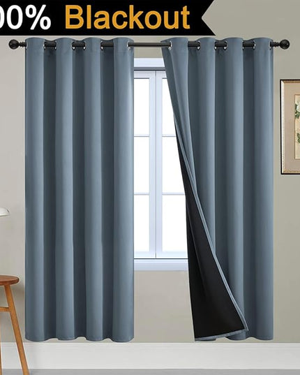 Yakamok Total Blackout Curtains, 2 Thick Layers Completely Blackout Soild Thermal Insulated Drapes with Black Liner for Bedroom(52Wx72L, Stone Blue, 2 Panels)