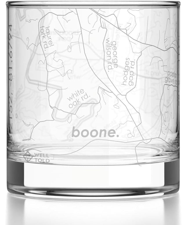 Well Told Engraved Boone North Carolina Map Rocks Glass, Old Fashioned Glassware (11 oz, Clear) Etched Bourbon Tumbler, Gifts For Whiskey Lovers