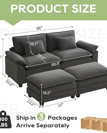 86" Modular Sectional Sofa, Comfy Cloud Couch Sectional Sofa with Ottoman, Velvet Sofa Sleeper Deep Seat Sofa with Throw Pillows for Living Room (Blue Grey)