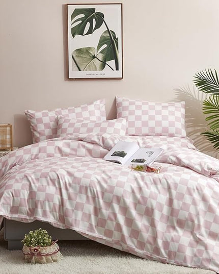 CLOTHKNOW Pink White Plaid Full Size Comforter Sets 3Pcs Grid Bedding Comforter Sets Soft Geometric Checker Comforter with 2 x Pillow Cases