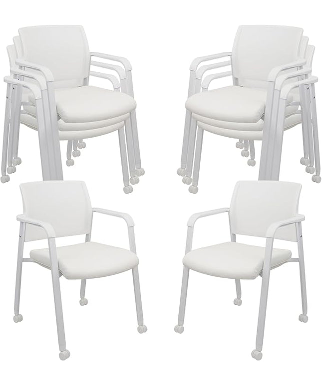 CLATINA Stacking Office Chairs with Wheels | Mesh Back, Thicken Leather Seat and Streamline Armrests, Ergonomic Lumber Support | School, Desk, Guest Reception, Waiting, Conference | Set of 8, White