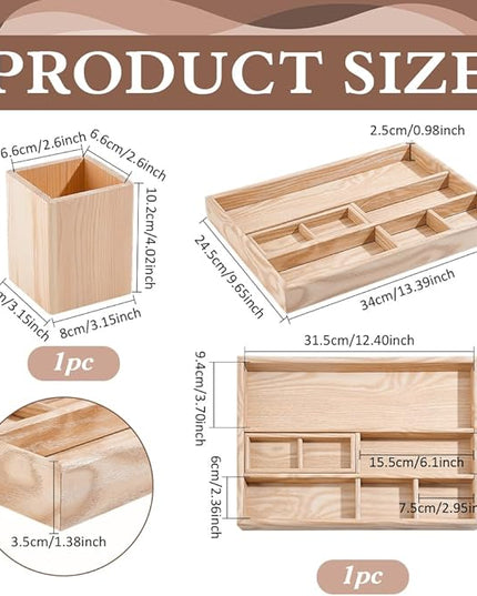 PH PandaHall 2pcs Wooden Desk Organizer Tray with Pen Holder Table Storage Box Drawer Organizer Tray Keys Watch Pencil Divided Trays for Home Office School Workspace Organization Desktop Accessories