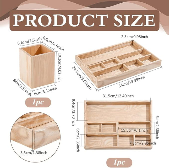 PH PandaHall 2pcs Wooden Desk Organizer Tray with Pen Holder Table Storage Box Drawer Organizer Tray Keys Watch Pencil Divided Trays for Home Office School Workspace Organization Desktop Accessories