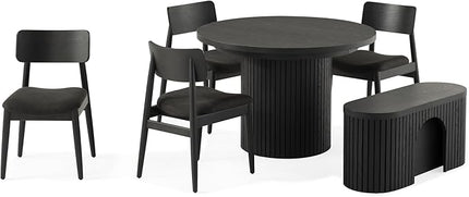 Transformer Table - Solid Wood Extendable Round Dining Table Set with Bench and 4 Chairs, Seats 4-10, Extendable Round Dining Set, Smoked Hickory, Black Finish (Table + Bench + 4 Chairs)