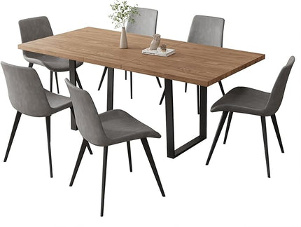 ZckyCine 67" Expandable Walnut Dining Table and 6 Upholstered Chairs, 7-Piece Dining Room Furniture Set, Mid-Century Modern Style for Home, Dining Room and Kitchen