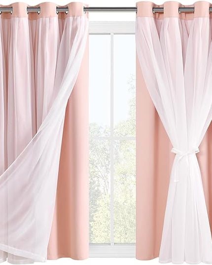 Hiasan Pink Blackout Curtains with Sheer Overlay Thermal Insulated Mix & Match Double Layer Room Darkening Window Curtains for Bedroom Living Room Nursery 2 Panels with Tiebacks(52W X 54L,Blush Pink)