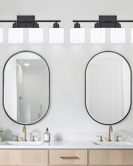 4-Light Black Bathroom Vanity Light, Light Fixtures with Milky White Frosted Glass Shades, Black Vanity Light for Bathroom Mirror, Bedroom, Living Room, Vanity Table, E26 Base