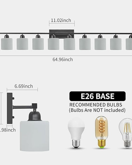10 Light Black Vanity Lights for Giant Mirror, Bathroom Vanity Lights Over Mirror with Milky White Frosted Glass Shades,65 inch Bathroom Light Fixture for Mirrors, E26