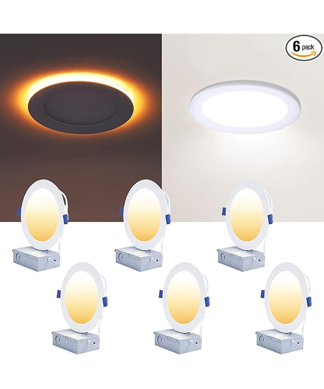 CycevSun 6 Pack LED Recessed Lighting 6 Inch with Night Light, Dimmable 5CCT Canless Ultra Thin Wafer Downlight Soffit with Junction Box, 5 Color Selectable, 12W, ETL & Energy Star