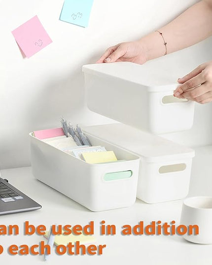 Plastic Storage Baskets With Lid Organizing Container Lidded Knit White Storage Organizer Bins for Shelves Drawers Desktop Playroom Classroom Office (8XS)