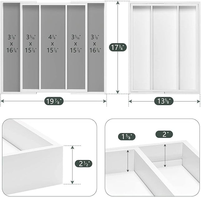 Utensil Organizer for Kitchen Drawers - Bamboo Silverware Tray Expandable 5 Slots Drawer Organizer for Office and Pantry Supplies W13.7-19.9" x L17.6 X H2.5 (White)
