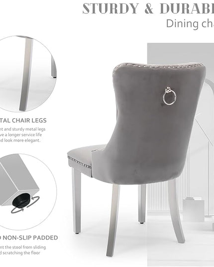 SoarFlash Velvet Dining Chairs Set of 6, Tall Back Side Chair, Modern Upholstered High-end Tufted Side Chair with Button Back Ring, Silver Legs (Grey)