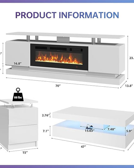 4-Piece Modern Living Room Table Set, Includes High Gloss 70" Fireplace TV Stand, LED Coffee Table and End Tables Set of 2 with Storage Drawers, White & Black
