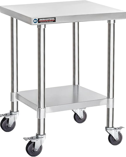 DuraSteel 24x24 NSF Stainless Steel Cart Work Table - Heavy Duty Rolling Food Prep Table - Metal Utility Cart on Wheels Caster, Grill Stand Microwave Outdoor Kitchen Tables Countertop Island Large Top