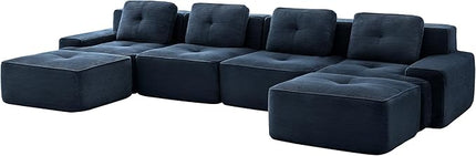 Hommoo 153" Oversized Sectional Sofa, Modular U Shaped Couch with Ottoman, Comfy Corduroy Couches with Deep Seat, 6 Seat Convertible Boneless Sofa for Living Room No Assembly Required Blue