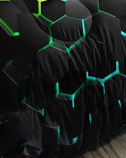 Geometric Green Black Neon Comforter Set,Light Honeycomb 3 Piece Bedding Set Twin for Teen Boys,Modern Bedding Quilt Set Geometry Decor,Microfiber Lightweight 1 Comforter 2 Pillowcases All Season
