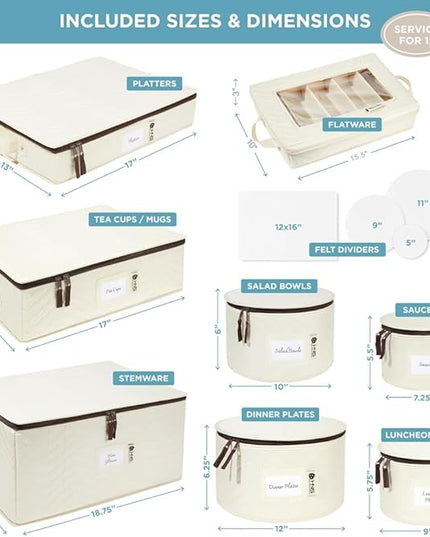 Hard Shell China Storage Containers 8-Piece Set Moving Boxes for Dinnerware, Glasses, Plates, Mugs and Saucers Sturdy Dish Organizer with Dividers for Seasonal Storage - Service for 12 - Beige Quilted