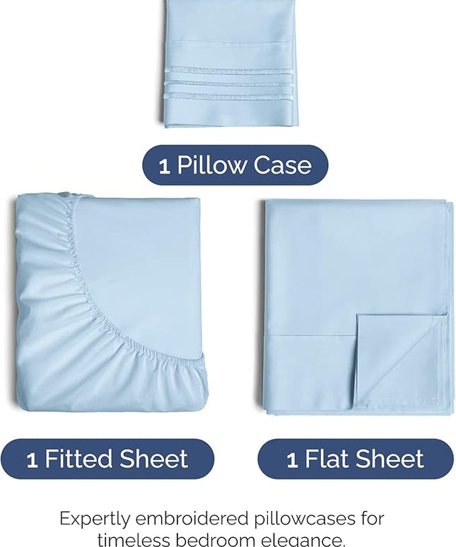 Twin Size 3 Piece Sheet Set - Comfy Breathable & Cooling Bed Sheets Set - Hotel Luxury Bedding for Women, Men, Kids, Teens, Boys & Girls - Deep Pockets, Soft and Wrinkle Free - Oeko-Tex - Light Blue