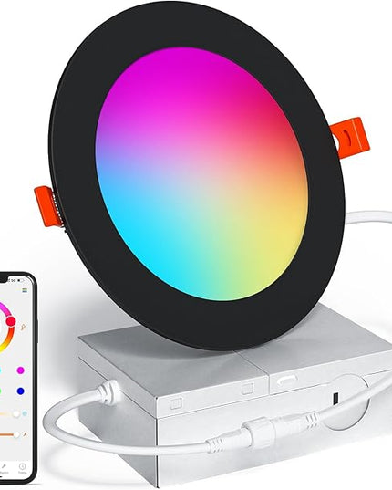 Black Smart Recessed Lighting 4 Inch RGBCW Color Changing 12W LED Downlight with Junction Box,1000 Lumen Recessed Ceiling Light Compatible with Alexa,Dimmable by Bluetooth Control -1Pack